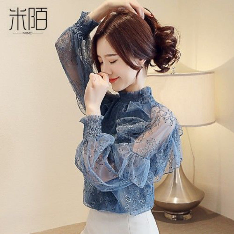 Western-style lace shirt women's 2020 new spring and summer models are very fairy chiffon tops long-sleeved all-match Western-style small shirt tide