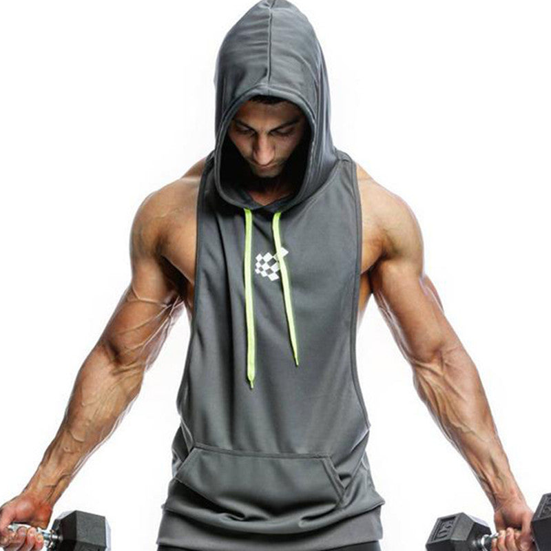 Men's Sleeveless Hooded Vest Sports Fitness Running Loose Breathable Pullover Top Summer New Product One Piece