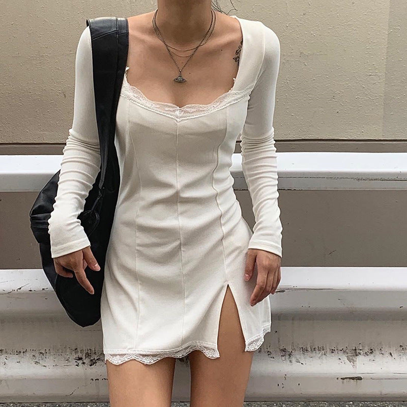 AliExpress new 2020 spring ins European and American new women's decoration body square collar exposed collarbone temperament split dress