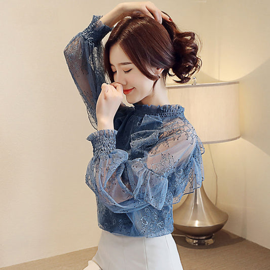 Western-style lace shirt women's 2020 new spring and summer models are very fairy chiffon tops long-sleeved all-match Western-style small shirt tide