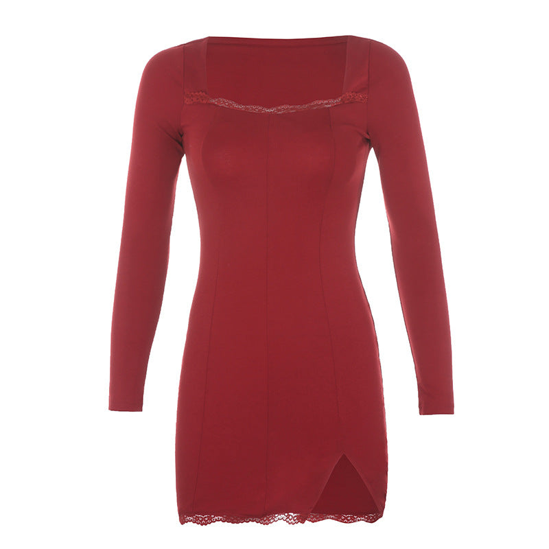 AliExpress new 2020 spring ins European and American new women's decoration body square collar exposed collarbone temperament split dress