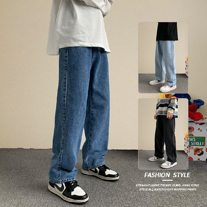 spring summer Hong Kong style men's loose straight jeans