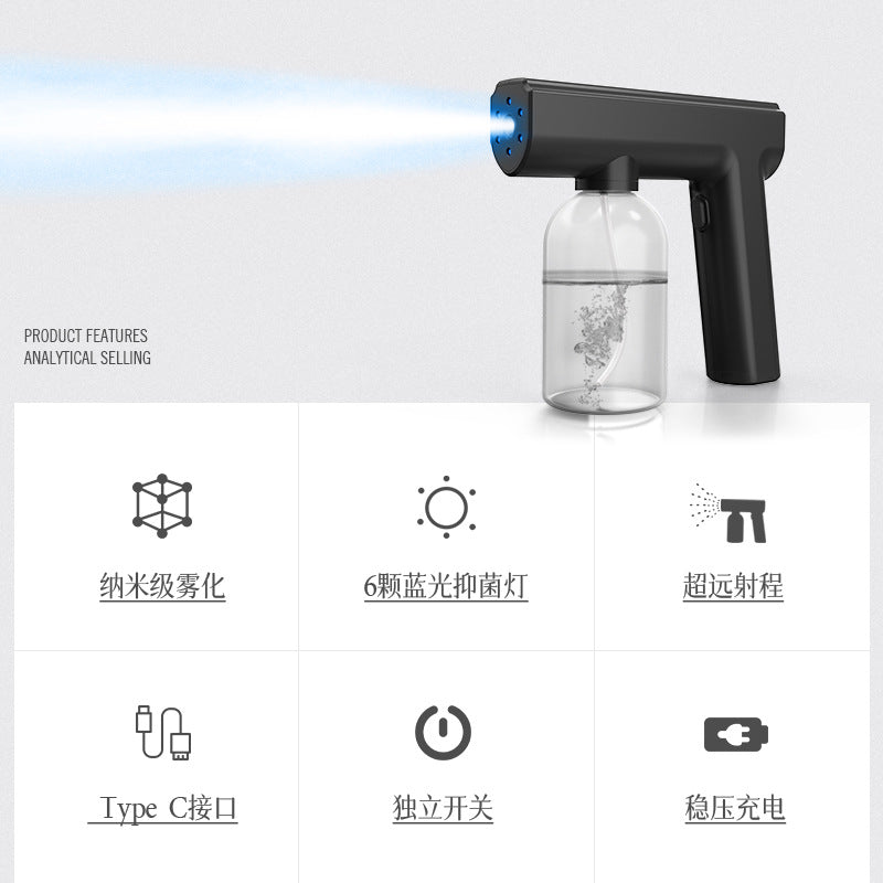 Factory direct sales handheld nano spray disinfection gun rechargeable portable blue light atomization gun alcohol disinfection gun sprayer