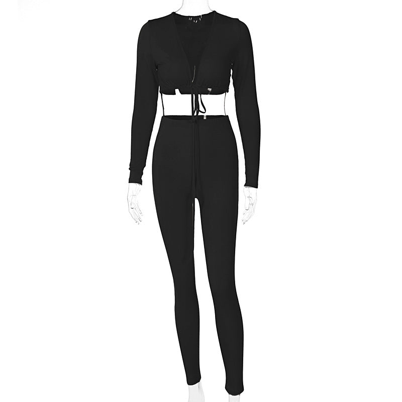 European and American style women's clothing 2022 new spring fashion lace up long-sleeved tops slim fit and thin pencil pants suit wholesale
