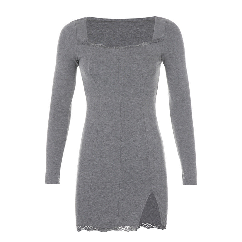 AliExpress new 2020 spring ins European and American new women's decoration body square collar exposed collarbone temperament split dress