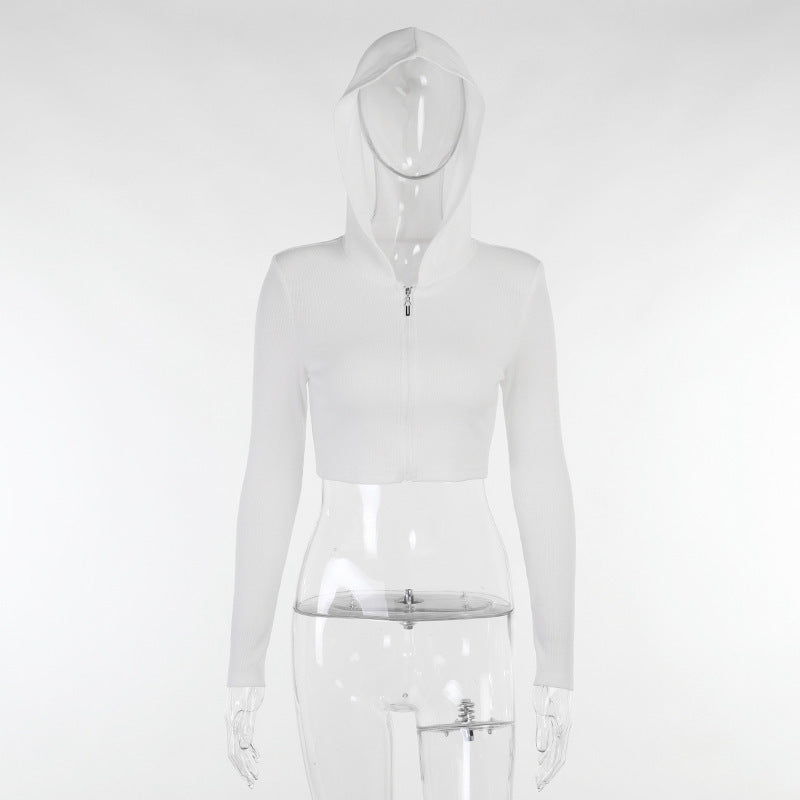 Amazon 2022 autumn and winter short zipper low neck cardigan top European and American solid color casual hooded sports jacket women