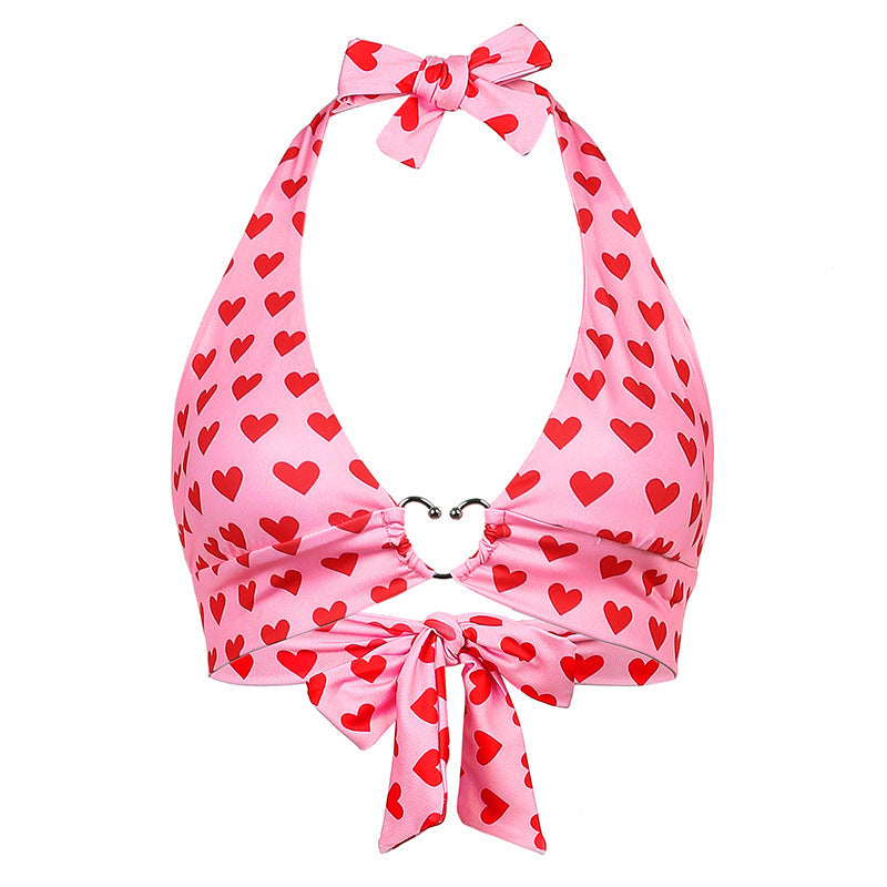 2021 Europe and the United States sexy sweet love print metal buckle halter strap bra vest outside wearing suspender corset